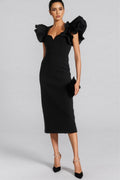 Starsha Black Puff Sleeve Midi Dress