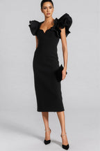 Starsha Black Puff Sleeve Midi Dress