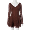 Lace Stitching Elegant V neck Long Sleeve Slim Fit Dress