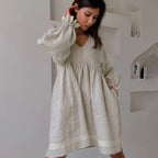 Cotton Linen French Dress Office V neck Lantern Sleeve Loose Dress