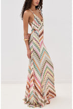 Missoni Summer Knit Colorful Herringbone Print Open Beck Maxi Dress