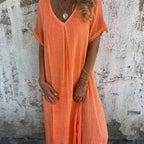 Jimena Minimalist Cotton Linen Dress with V Neck Elevated Occasion Wear