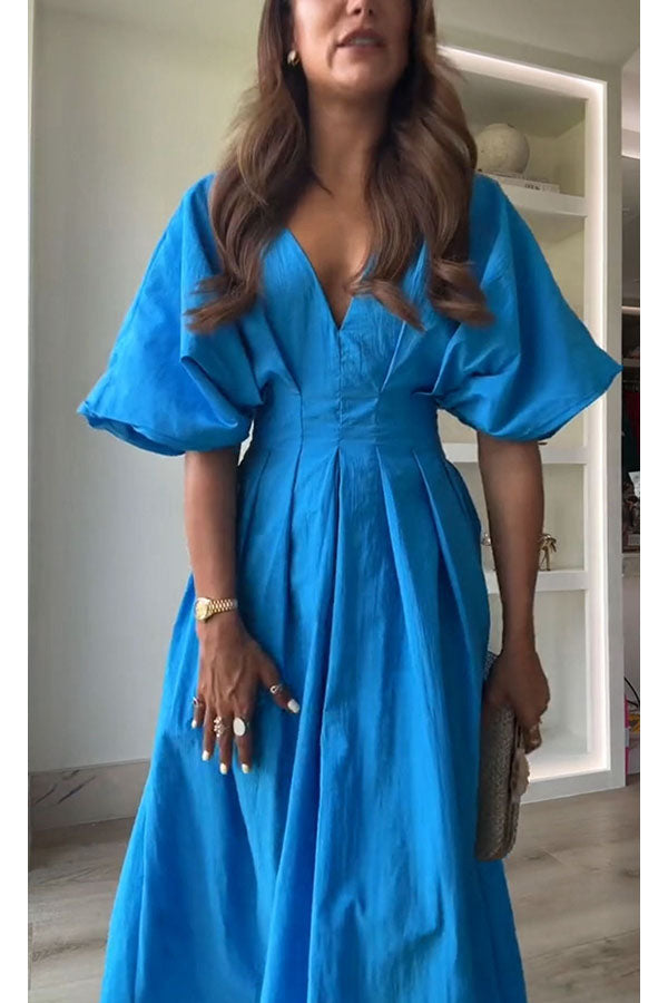 Antibes Linen Blend Princess Line Pleated Wide Puff Sleeve Midi Dress