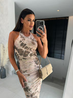 Elegant U Neck Printed Halter Maxi Dress