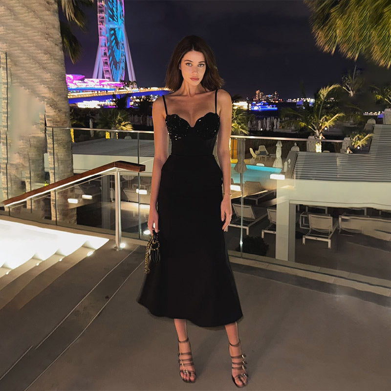 Sequin Stitching Tube Top Cinched Waist Light Luxury Cocktail Evening Dress Fishtail Sheath Cami Dress