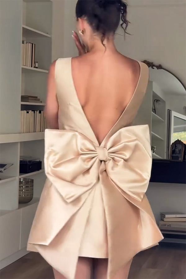 Mini waist cinching sexy satin oversized bow detail square neck mini dress