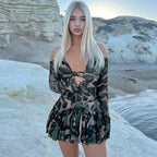 Pattern Print Long Sleeve Tether Halter Pleated Dress