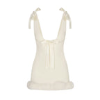 Satin Bow Strap Fur Trim Mini Dress