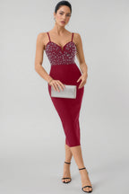 Slaia Red Studded Bandage Midi Dress