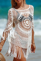 Unique Pattern Knitted Cutout Crew Neck Short Sleeved Cover Up