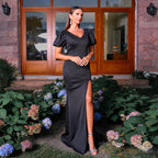 Short Sleeved Elegant Black V neck Waist Slit Backless Lace up Dress Evening Dress