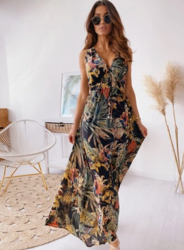 Fátima Effortless Bohemian Maxi Dress for Women with Deep V Neck and Tie Belt Evening Wear Edit