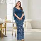 Plus Size Long Sleeve Deep V Plunge Slim Fishtail Evening Dress Cocktail Party Dress