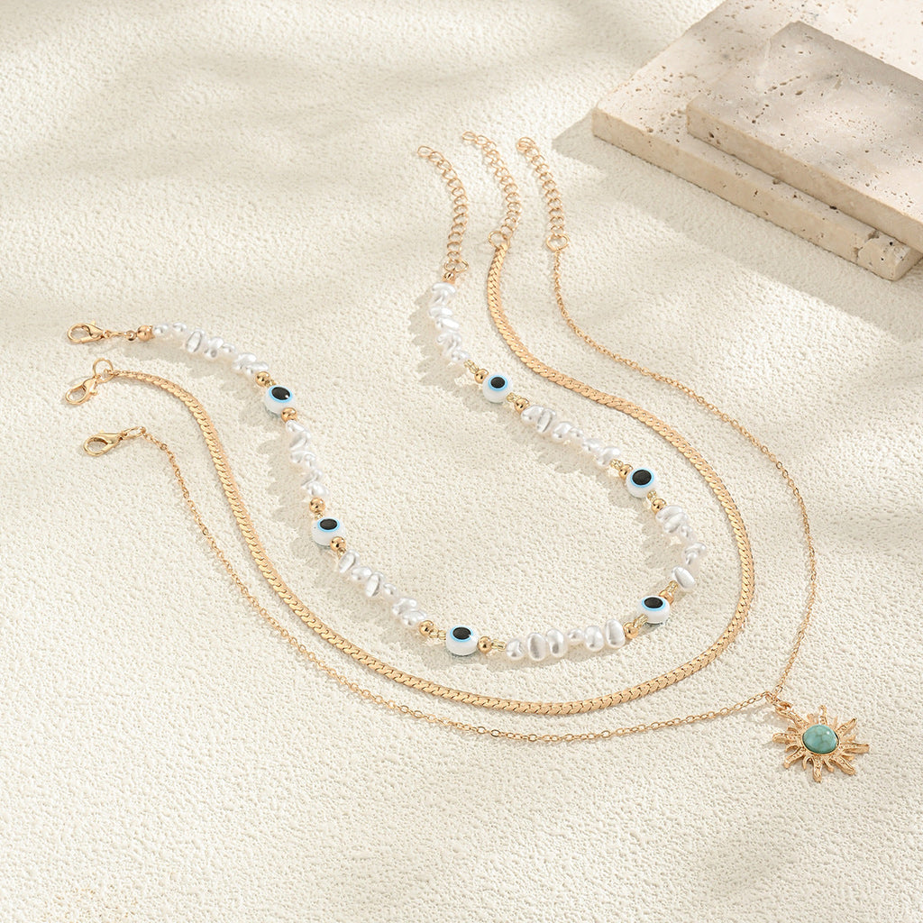 Long Pearl Octagram Star Pendant Layered Necklace