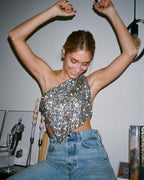 Metallic Mesh Rhinestone Off Shoulder Tank Top