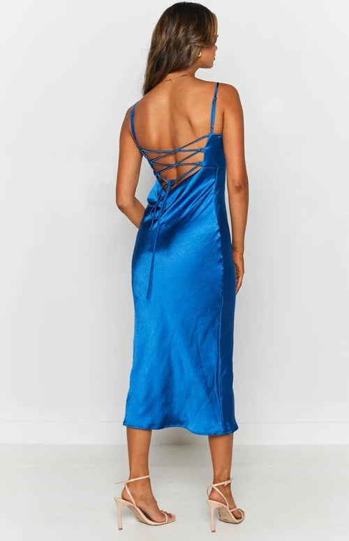 Night To Remember Satin Maxi Dress Robin Blue