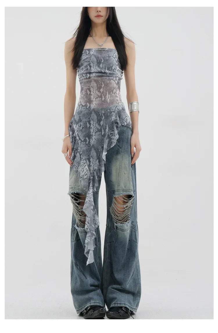 Vintage Distressed And Dirt-Dyed Patchwork Wide-Leg Jeans