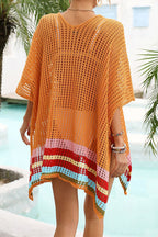 Color Block V Neck Slit Hollow Short Sleeved Knitted Cover Up