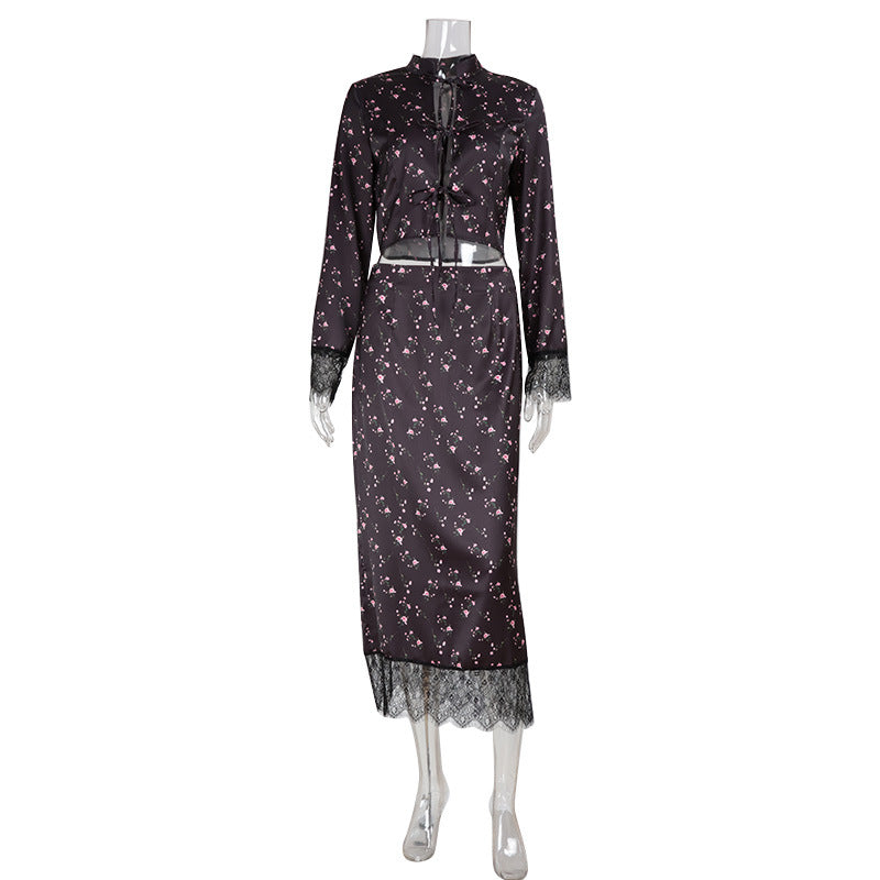 Autumn Slim Fit Slimming Sexy Floral Printed Long Sleeved Top Skirt Two Piece Sets
