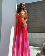 Personalized Gradient Color Halter Pleated Long Dress