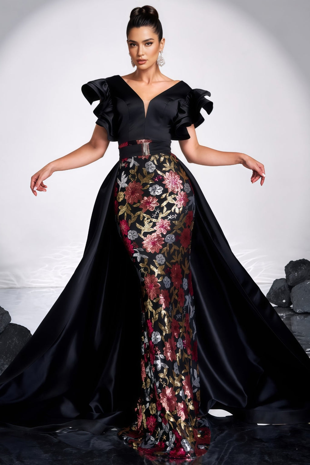 Ariasd Black Sequin Flower Maxi Dress