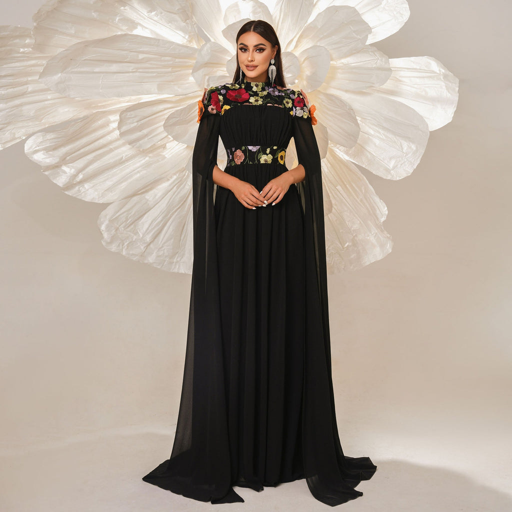 High End Turtleneck Long Cocktail Embroidered Evening Dress Bridesmaid Dress Waist Controlled Large Hem