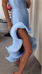 Solid Color Sleeveless Waist Tie Irregular Ruffle Slim Midi Dress