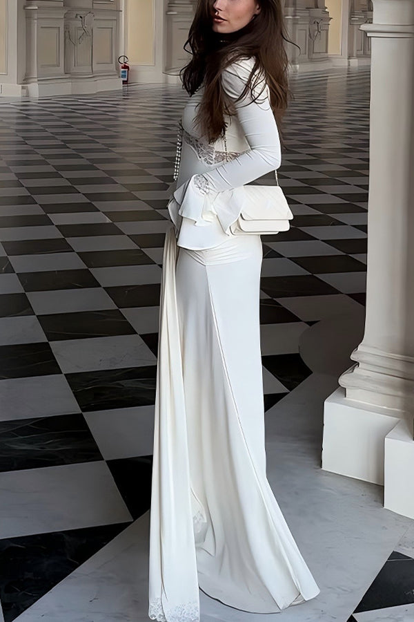Fashion Lace Splicing Sexy V-neck Long-sleeved Slim Maxi Dress
