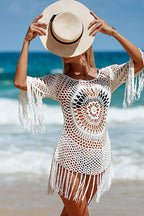 Unique Pattern Knitted Cutout Crew Neck Short Sleeved Cover Up