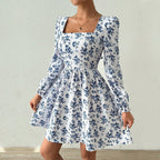 French Square Collar Elegant Dress High Waist Backless Lace up Floral