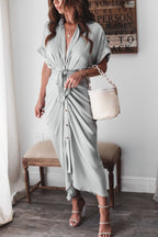 Luv Satin Tie Front Midi Shirt Dress Olive