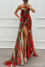 Fairy Watercolor Design Printed Feather Rose Details Off Shoulder Sexy Folded Open Skirt