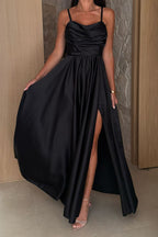Solid Color Suspender Back Pleated Elegant Slit Full Hem Maxi Dress