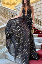 Party Charm polka dot black design chiffon gold polka dot print hollow out lightweight long skirt