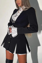 Altair Contrast Ruffled Shirt Patchwork Button Pleated Blazer Mini Dress