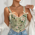 French Bow Tie Shoulder Floral Sexy Shapewear Women Spaghetti Strap Floral Print Slim Vest Corset