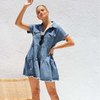Short Sleeve Collared Casual Denim Dress