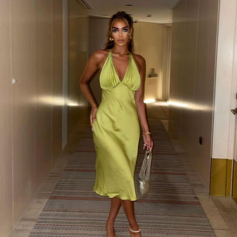 High Waist Midi Dress Strap Type Sleeveless V - neck One - Step Dress Pleated
