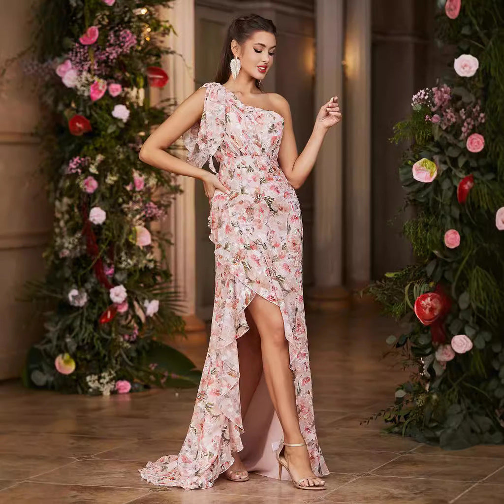 Diagonal Collar Tube Top Printed Dress High Slit Irregular Asymmetric Hem Dress