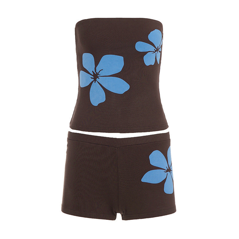 Knit floral flocked strapless bodycon vacation set