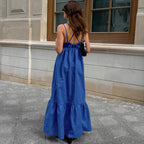 French Vacation Blue Cotton Linen V neck Strap Backless Dress Dress