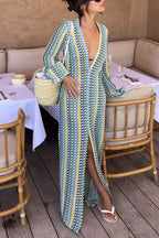 Eleanor Knit Colorful Wave Unique Print Shirt U-neck Long Sleeve Slit Maxi Dress