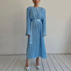 Long Sleeved Belt Pleated Dress Office High Sense Loose Maxi Dress