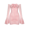 Pink Bell Sleeve Floral Dress Pleating Tube Top Dress Design