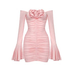 Pink Bell Sleeve Floral Dress Pleating Tube Top Dress Design