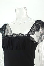 Cute Scalloped Cap Sleeve Square Neck Fit & Flare Mini Summer Sundress - Black