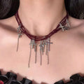 Japanese Dark Cross Layered Tassel Red Beaded Punk Choker Necklace