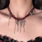 Japanese Dark Cross Layered Tassel Red Beaded Punk Choker Necklace