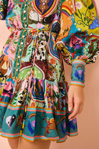 Touch of Luxury Unique Print Balloon Sleeve Button Shirt Mini Dress