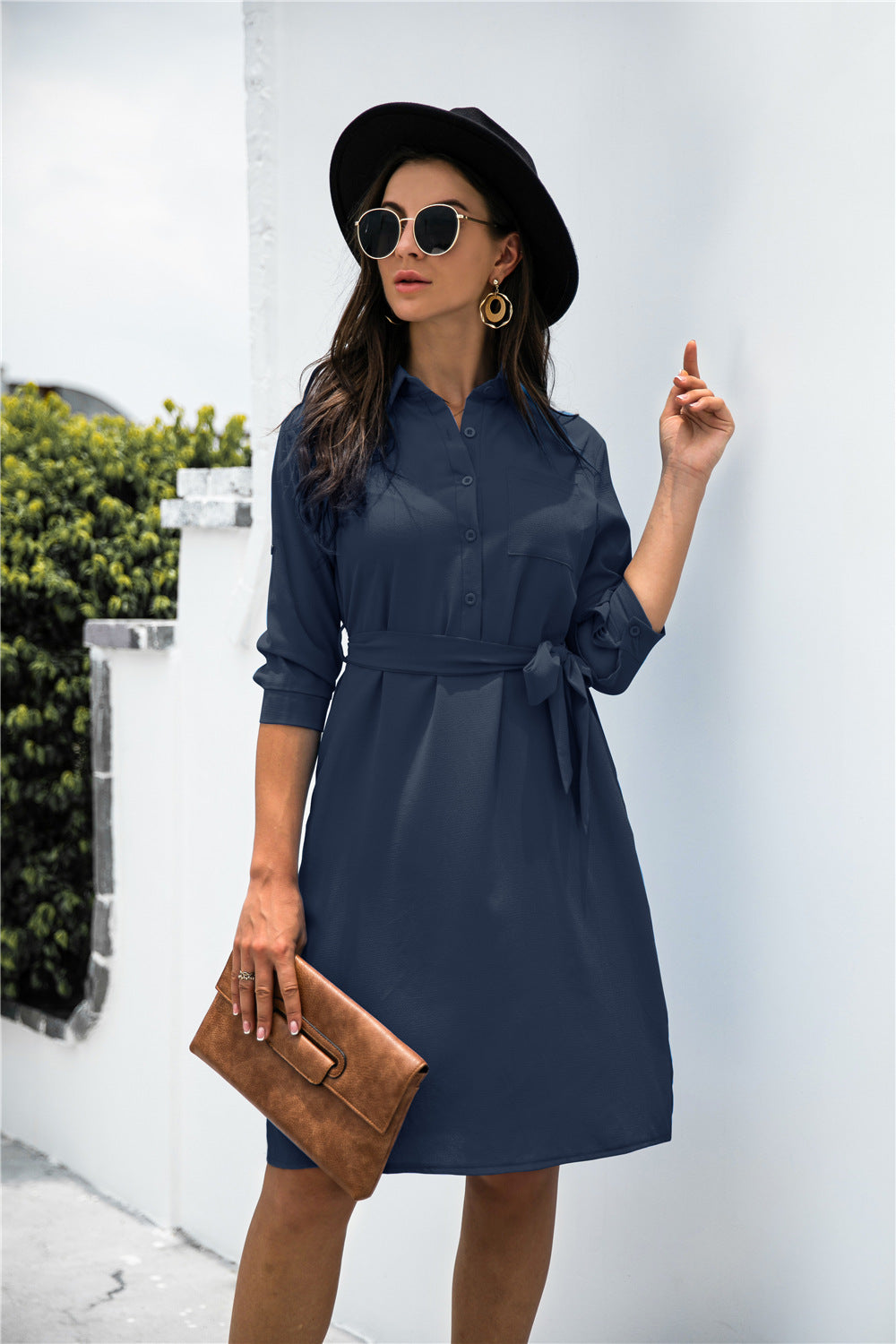 Office Chic Button Down Shirt Dress Navy